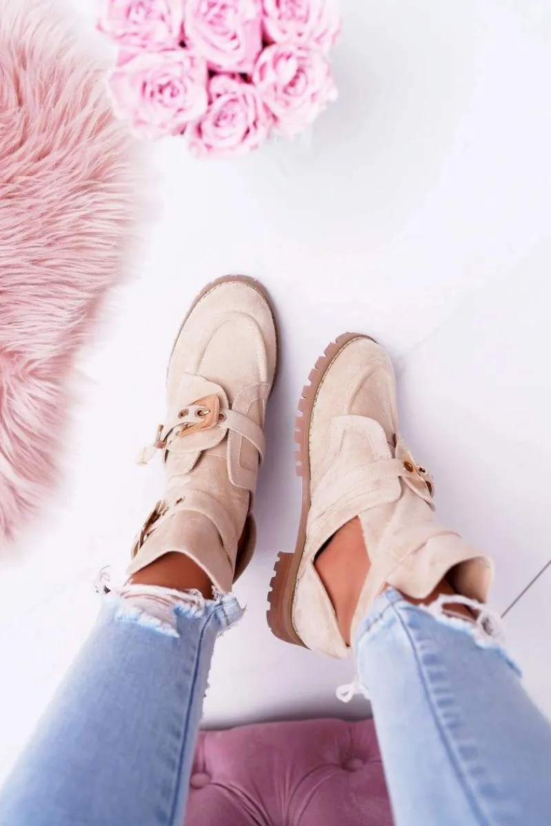 Brązowe I Beżowe Botki|Botki Płaskie>Boto Lu Boo Beżowe Zamszowe Botki Z Wycięciami Rock Girl Beżowy