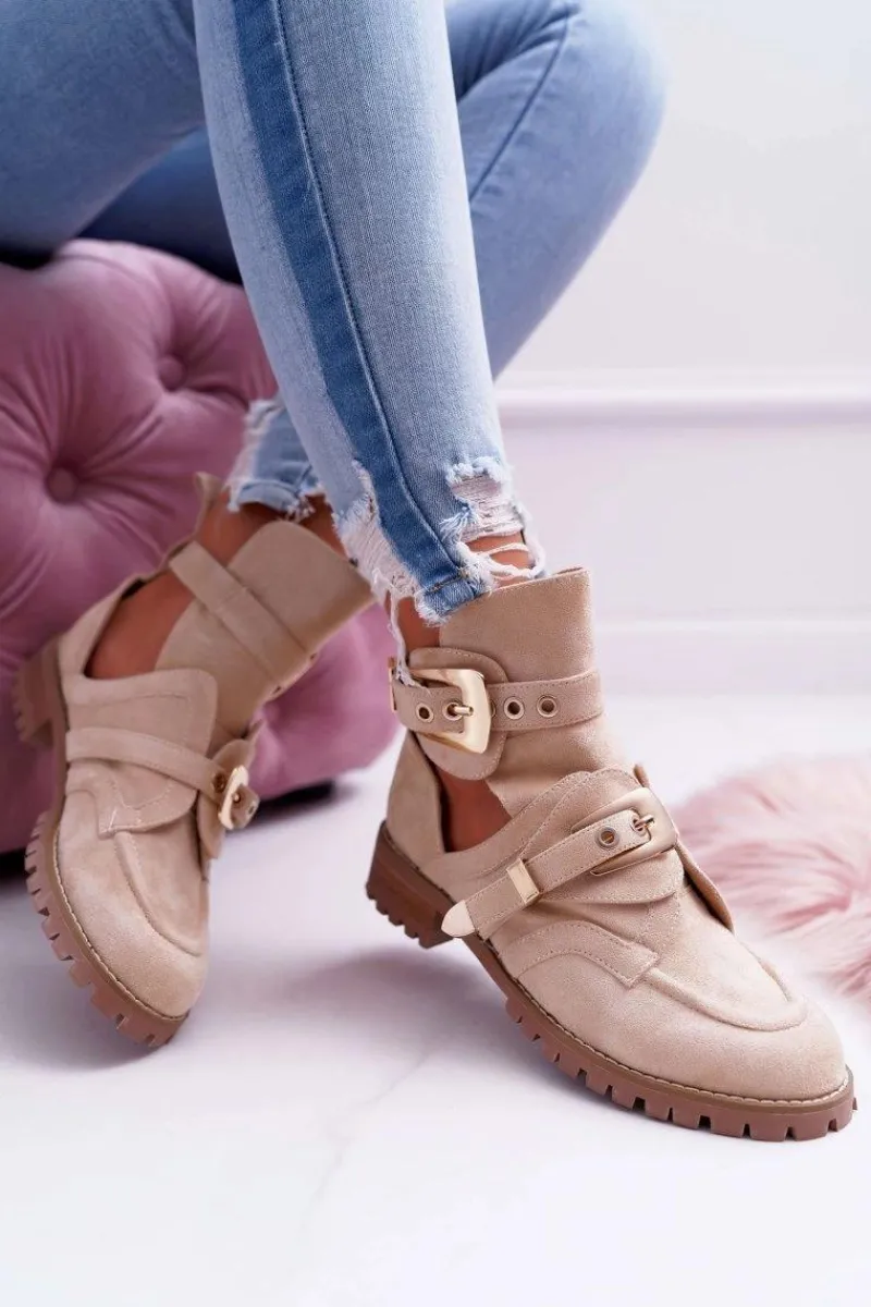 Brązowe I Beżowe Botki|Botki Płaskie>Boto Lu Boo Beżowe Zamszowe Botki Z Wycięciami Rock Girl Beżowy