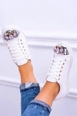 Best Boto Lu Boo Białe Trampki z Błyszczącymi Kryształami