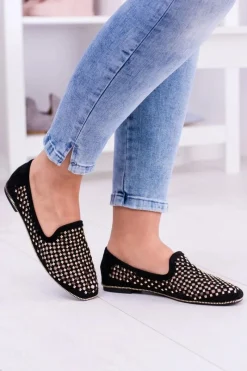Mokasyny Damskie Zamszowe|Baleriny Klasyczne>Boto Lu Boo Czarne Ażurowe Baleriny Lordsy Ćwieki Carmar