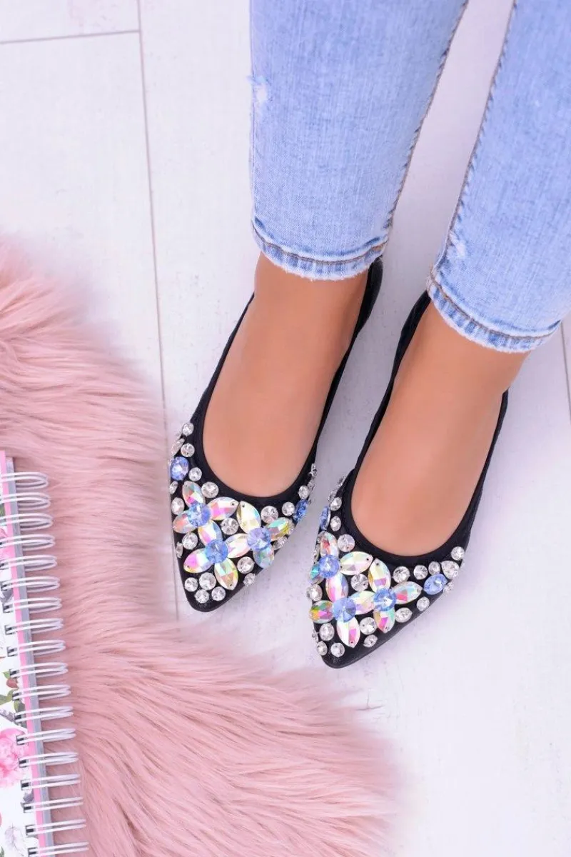 New Lu Boo Czarne Balerinki na Gumce Kamienie Even Damskie Baleriny Klasyczne