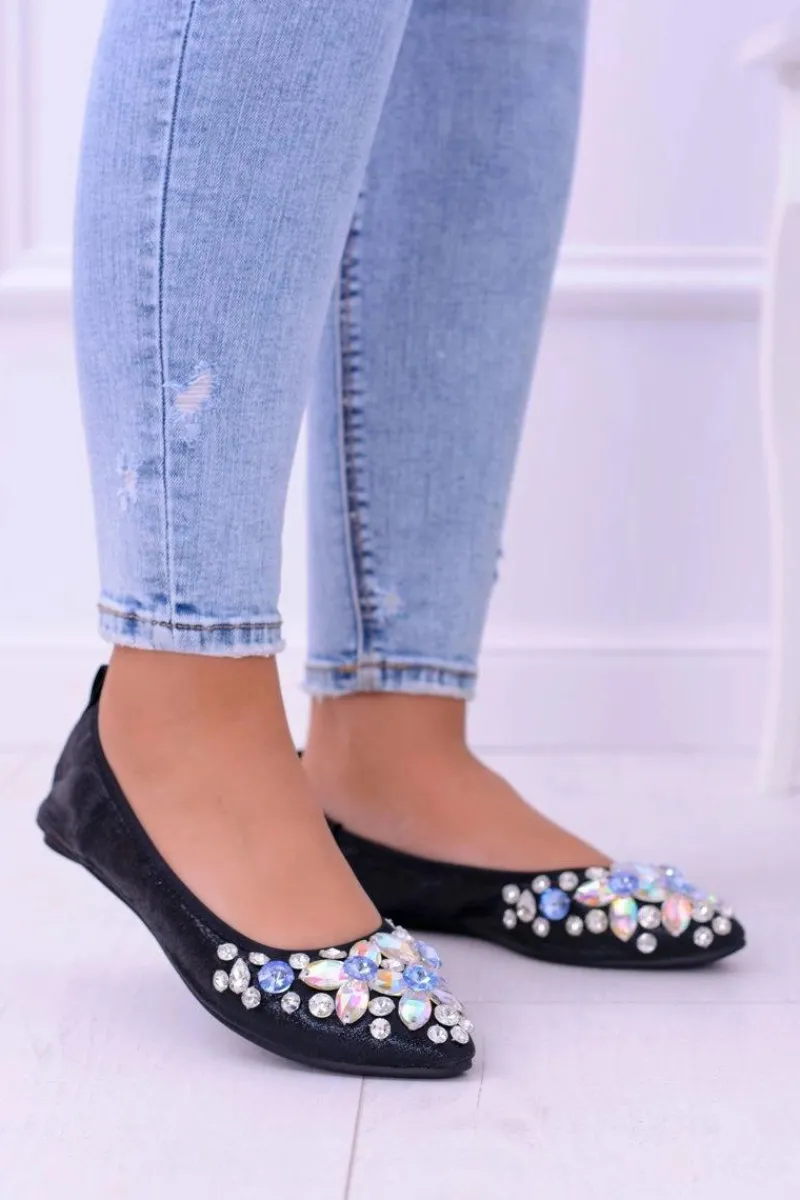 New Lu Boo Czarne Balerinki na Gumce Kamienie Even Damskie Baleriny Klasyczne