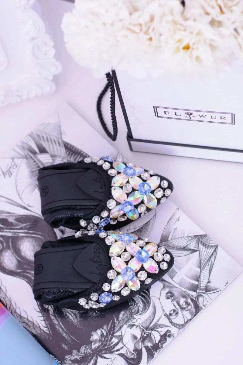 New Lu Boo Czarne Balerinki na Gumce Kamienie Even Damskie Baleriny Klasyczne