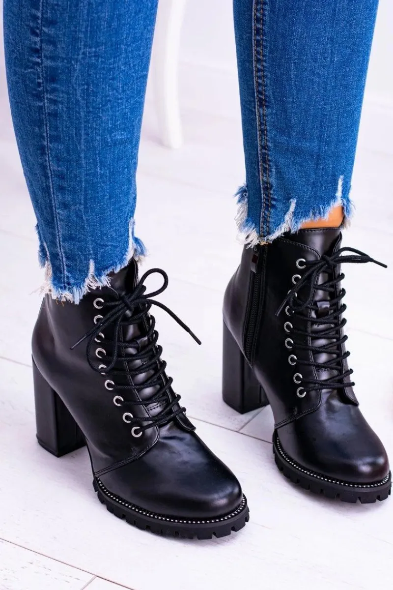 Outlet Lu Boo Czarne Botki na Słupku Cyrkonie Halsey Damskie Botki Sznurowane|Botki Na Słupku