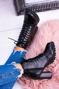 Outlet Lu Boo Czarne Botki na Słupku Cyrkonie Halsey Damskie Botki Sznurowane|Botki Na Słupku