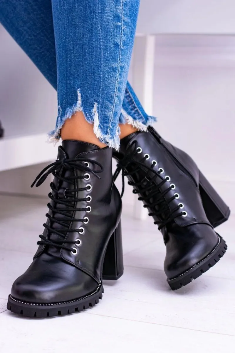 Outlet Lu Boo Czarne Botki na Słupku Cyrkonie Halsey Damskie Botki Sznurowane|Botki Na Słupku