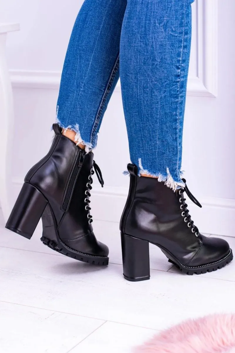 Outlet Lu Boo Czarne Botki na Słupku Cyrkonie Halsey Damskie Botki Sznurowane|Botki Na Słupku