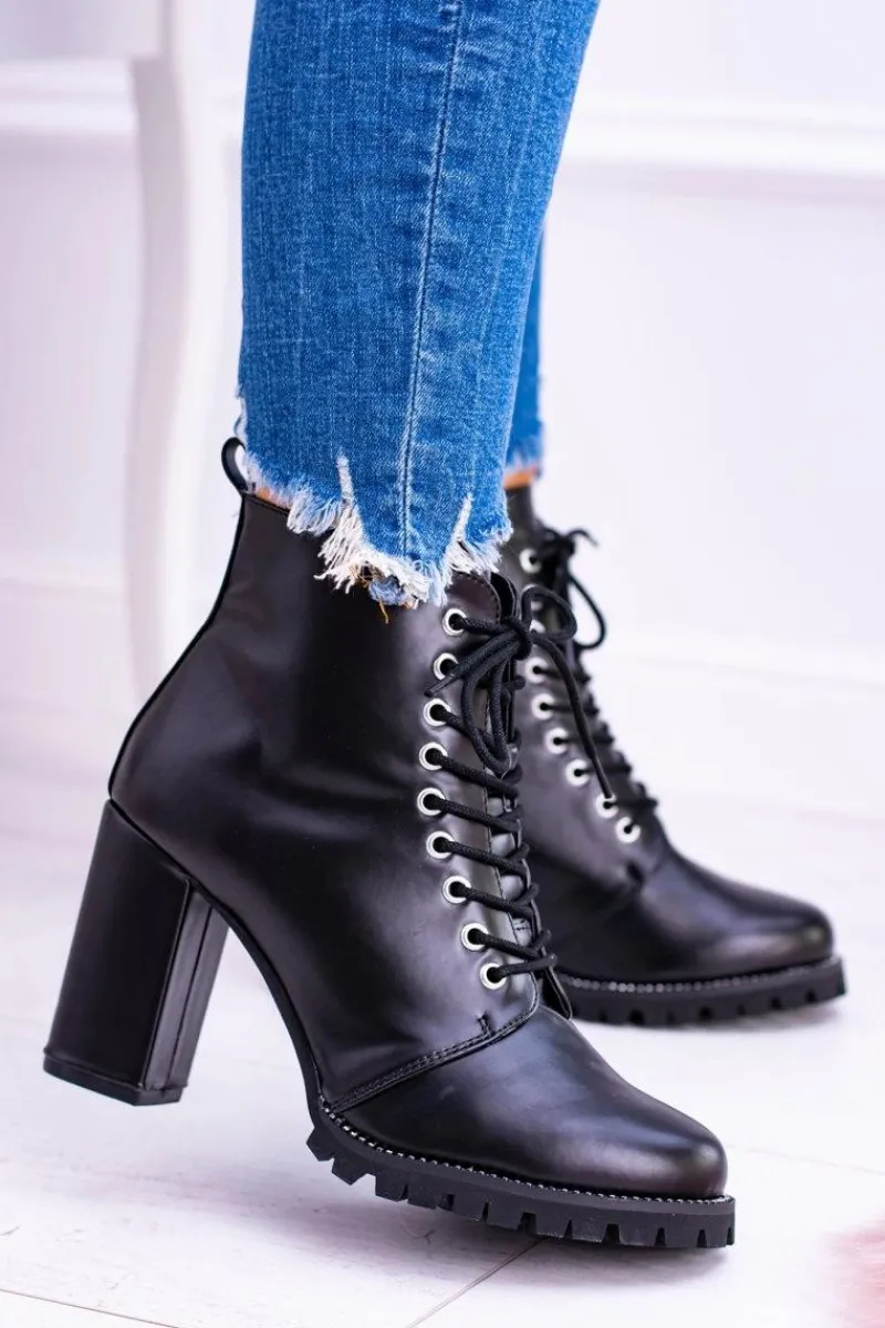 Outlet Lu Boo Czarne Botki na Słupku Cyrkonie Halsey Damskie Botki Sznurowane|Botki Na Słupku