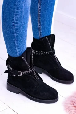 Online Lu Boo Czarne Damskie Botki Suwak Cekiny Rafell Damskie Botki Płaskie|Czarne Botki