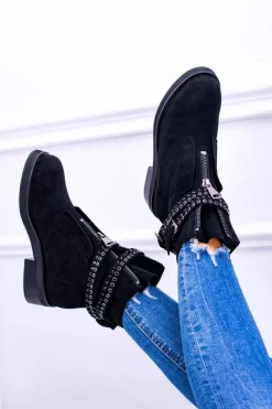 Online Lu Boo Czarne Damskie Botki Suwak Cekiny Rafell Damskie Botki Płaskie|Czarne Botki