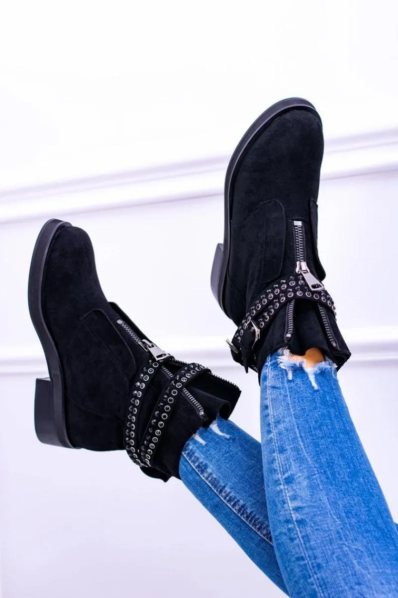 Online Lu Boo Czarne Damskie Botki Suwak Cekiny Rafell Damskie Botki Płaskie|Czarne Botki