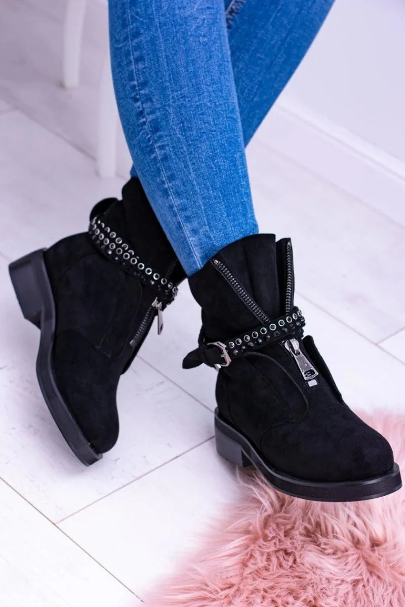 Online Lu Boo Czarne Damskie Botki Suwak Cekiny Rafell Damskie Botki Płaskie|Czarne Botki
