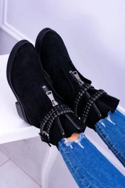 Online Lu Boo Czarne Damskie Botki Suwak Cekiny Rafell Damskie Botki Płaskie|Czarne Botki