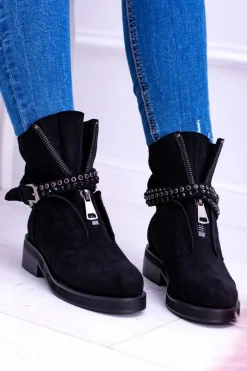 Online Lu Boo Czarne Damskie Botki Suwak Cekiny Rafell Damskie Botki Płaskie|Czarne Botki