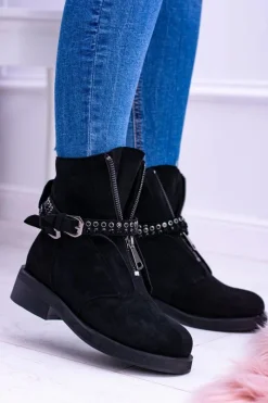 Online Lu Boo Czarne Damskie Botki Suwak Cekiny Rafell Damskie Botki Płaskie|Czarne Botki