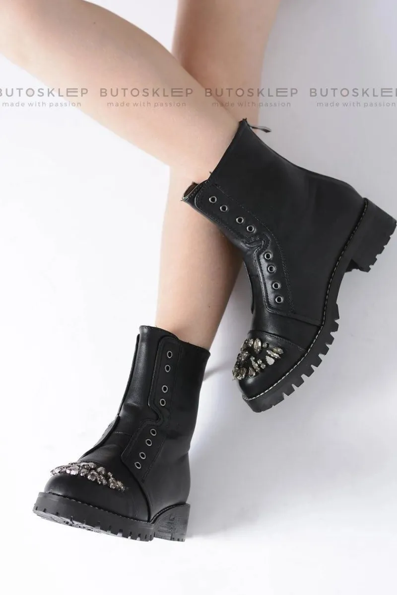 Dziewczęce>Boto Lu Boo Czarne Dziecięce Botki Za Kostkę z Cyrkoniami Pu LittleCarrie