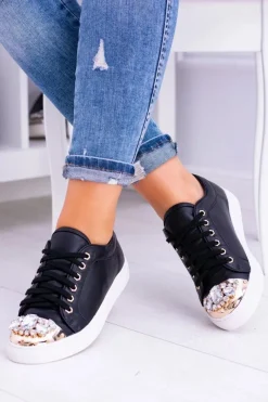 Discount Lu Boo Czarne Trampki z Błyszczącymi Kryształami Damskie Trampki Damskie Niskie