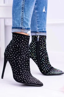 Outlet Lu Boo Czarne Wysokie Zamszowe Botki na Szpilce Cyrkonie Cubano Damskie Brązowe I Beżowe Botki|Czarne Botki