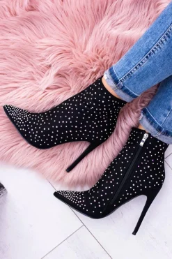 Outlet Lu Boo Czarne Wysokie Zamszowe Botki na Szpilce Cyrkonie Cubano Damskie Brązowe I Beżowe Botki|Czarne Botki