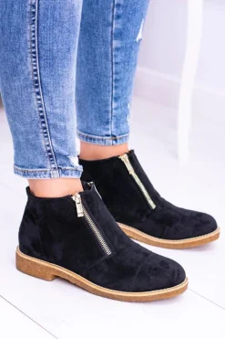 Outlet Lu Boo Czarne Zamszowe Damskie Botki Z Suwakami Inez Damskie Brązowe I Beżowe Botki|Botki Płaskie