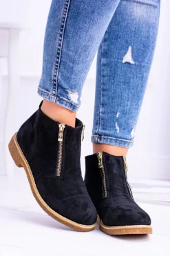 Outlet Lu Boo Czarne Zamszowe Damskie Botki Z Suwakami Inez Damskie Brązowe I Beżowe Botki|Botki Płaskie