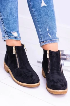 Outlet Lu Boo Czarne Zamszowe Damskie Botki Z Suwakami Inez Damskie Brązowe I Beżowe Botki|Botki Płaskie