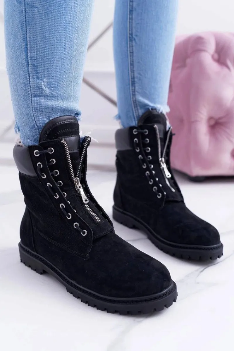 Hot Boto Lu Boo Czarne Zamszowe Damskie Timberki Trapery Suwaki Nancy