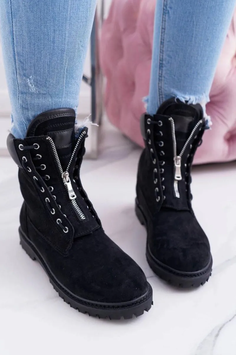 Hot Boto Lu Boo Czarne Zamszowe Damskie Timberki Trapery Suwaki Nancy