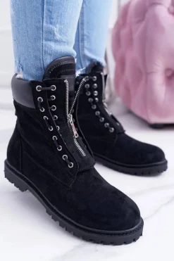 Hot Boto Lu Boo Czarne Zamszowe Damskie Timberki Trapery Suwaki Nancy