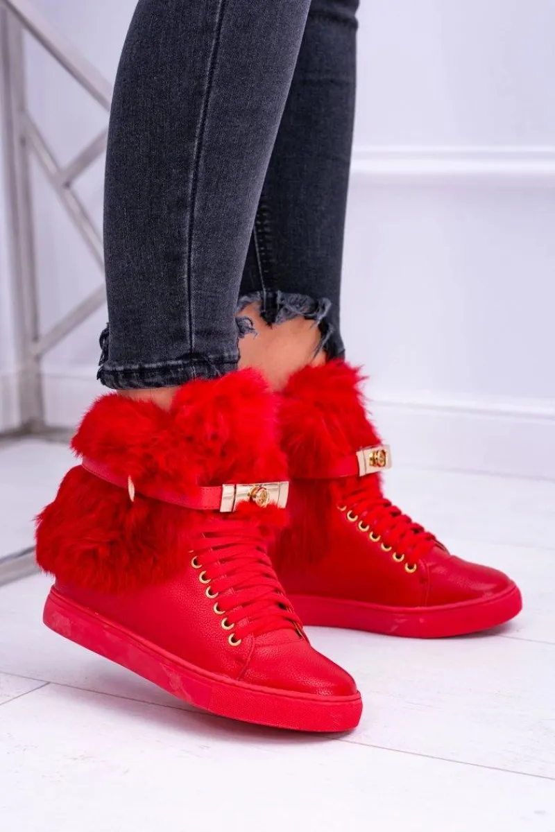 Best Lu Boo Czerwone Botki z Naturalnym Futrem Gisele Damskie Botki Na Koturnie|Botki Sznurowane
