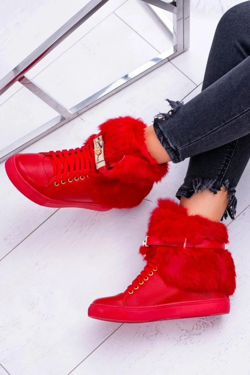Best Lu Boo Czerwone Botki z Naturalnym Futrem Gisele Damskie Botki Na Koturnie|Botki Sznurowane