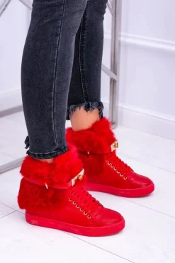 Best Lu Boo Czerwone Botki z Naturalnym Futrem Gisele Damskie Botki Na Koturnie|Botki Sznurowane