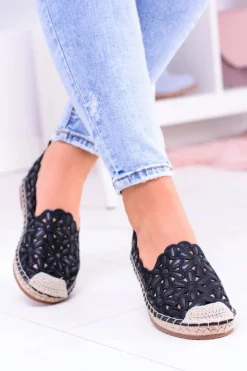 Czarne Espadryle>Boto Lu Boo Damskie Baleriny Czarne Espadryle w Kwiaty Macarena