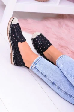 Czarne Espadryle></noscript>Boto Lu Boo Damskie Baleriny Czarne Espadryle w Kwiaty Macarena
