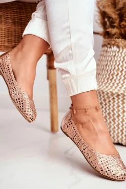 Baleriny Klasyczne></noscript>Boto Lu Boo Damskie Baleriny Różowe Złoto Ażurowe Plecione Carry