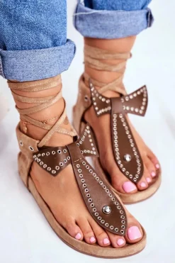 Sandały Płaskie>Boto Lu Boo Damskie Brązowe Wiązane Sandały Japonki Mara