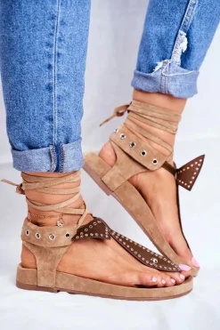 Sandały Płaskie>Boto Lu Boo Damskie Brązowe Wiązane Sandały Japonki Mara