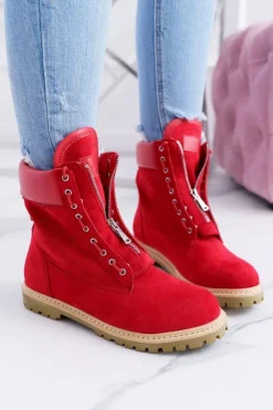 Lu Boo Damskie Czerwone Zamszowe Timberki Trapery Suwaki Nancy Damskie Damskie Trapery|Czarne Botki