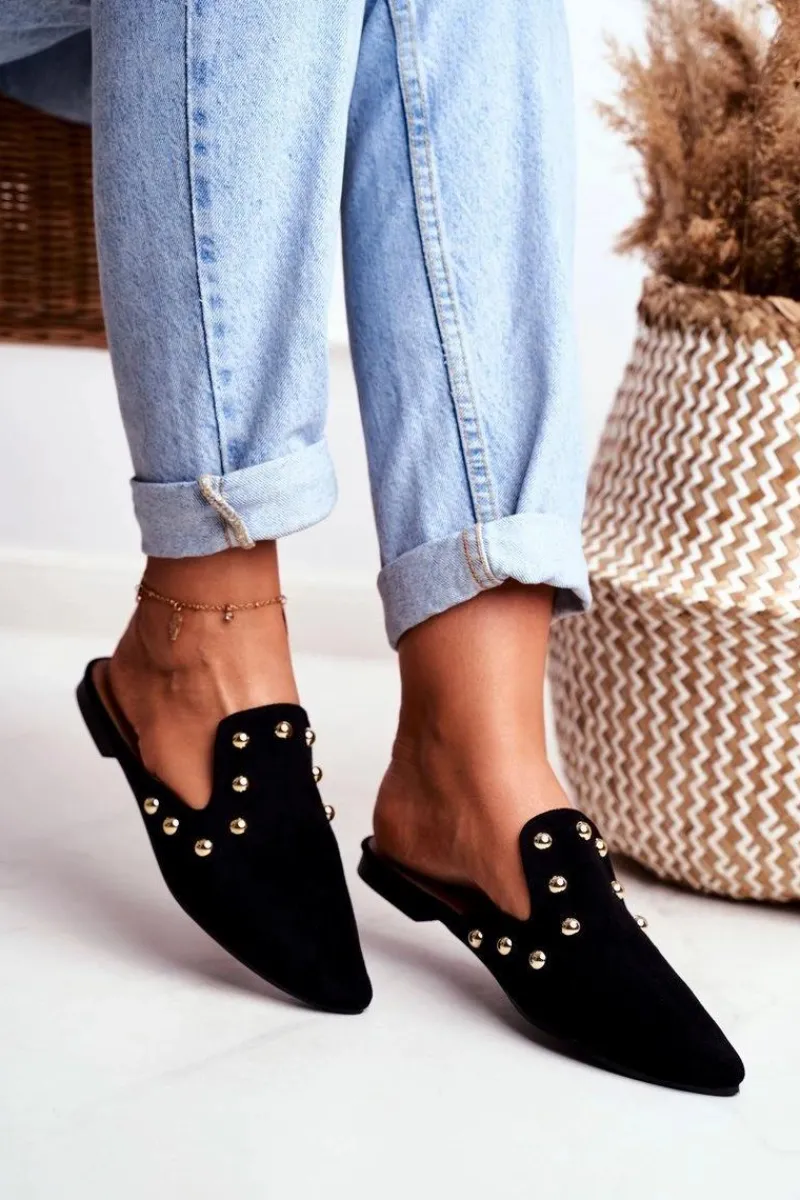 Outlet Lu Boo Damskie Klapki Czarne Zamszowe Seniorita Damskie Klapki Damskie Klasyczne