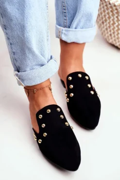 Outlet Lu Boo Damskie Klapki Czarne Zamszowe Seniorita Damskie Klapki Damskie Klasyczne