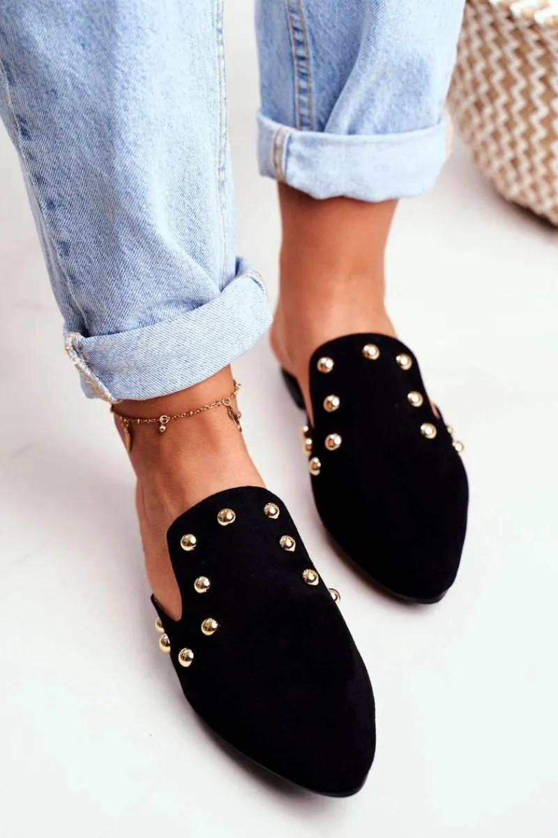 Outlet Lu Boo Damskie Klapki Czarne Zamszowe Seniorita Damskie Klapki Damskie Klasyczne