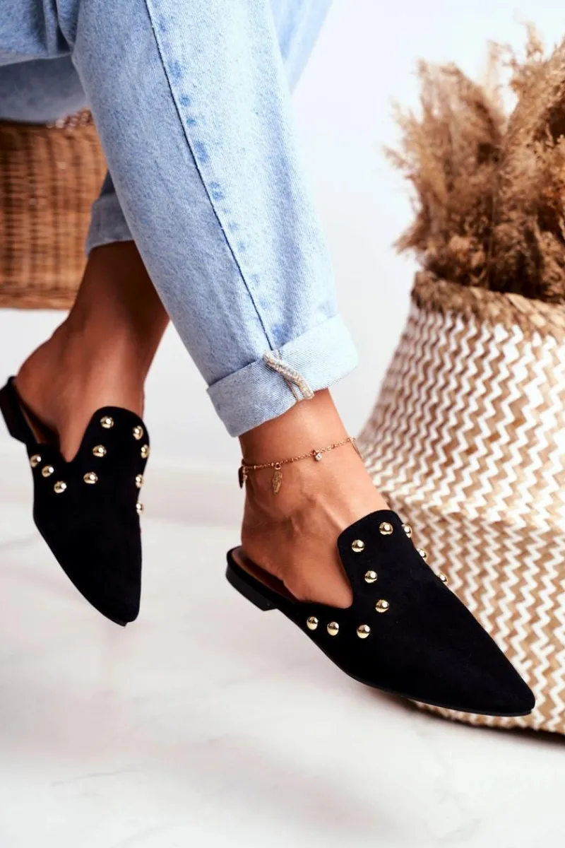 Outlet Lu Boo Damskie Klapki Czarne Zamszowe Seniorita Damskie Klapki Damskie Klasyczne