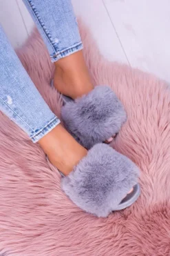Sale Lu Boo Damskie Klapki Z Futerkiem Szare Fur XXL Damskie Klapki Z Futerkiem|Klapki Damskie Klasyczne
