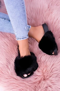 Boto Lu Boo Damskie Klapki Z Futerkiem Czarne Fur XXL