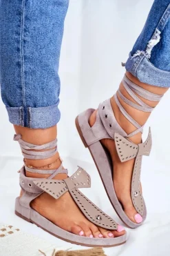 Best Lu Boo Damskie Szare Wiązane Sandały Japonki Mara Damskie Sandały Płaskie