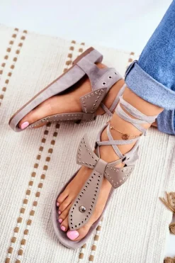 Best Lu Boo Damskie Szare Wiązane Sandały Japonki Mara Damskie Sandały Płaskie