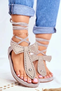 Best Lu Boo Damskie Szare Wiązane Sandały Japonki Mara Damskie Sandały Płaskie