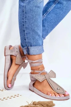 Best Lu Boo Damskie Szare Wiązane Sandały Japonki Mara Damskie Sandały Płaskie