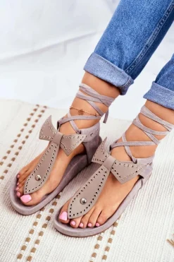 Best Lu Boo Damskie Szare Wiązane Sandały Japonki Mara Damskie Sandały Płaskie