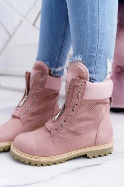 Damskie Trapery|Czarne Botki></noscript>Boto Lu Boo Damskie Zamszowe Timberki Pudrowy Róż Trapery Suwaki Nancy